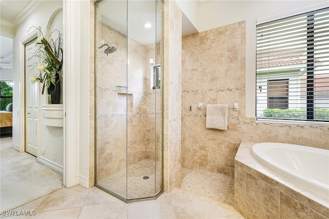20081 Chapel Trce, Estero, FL 33928 - full bathroom with ornamental molding, a shower stall, a bath, plenty of natural light, and connected bathroom