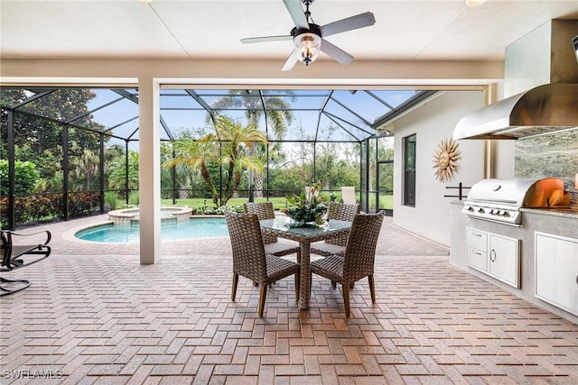 20081 Chapel Trce, Estero, FL 33928 - view of patio / terrace with area for grilling, a lanai, ceiling fan, and a pool with connected hot tub