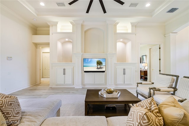 20081 Chapel Trce, Estero, FL 33928 - living area featuring a ceiling fan, ornamental molding, light wood-style flooring, a tray ceiling, and recessed lighting