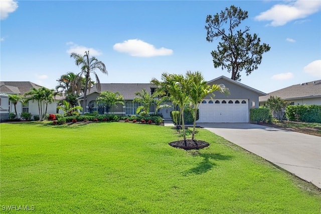24769 Paradise Rd, Bonita Springs, FL 34135 - ranch-style house featuring concrete driveway, a front lawn, an attached garage, and stucco siding