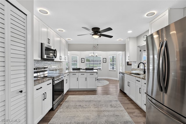 24769 Paradise Rd, Bonita Springs, FL 34135 - kitchen with appliances with stainless steel finishes, a peninsula, ceiling fan, tasteful backsplash, and recessed lighting
