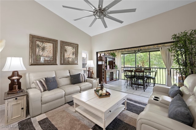 15444 Admiralty Cir Unit 10, North Fort Myers, FL 33917 - living area with a ceiling fan and high vaulted ceiling