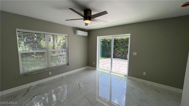 2615/2617 Michigan Ave, Fort Myers, FL 33916 - empty room with light marble finish flooring, a wall mounted AC, baseboards, and ceiling fan