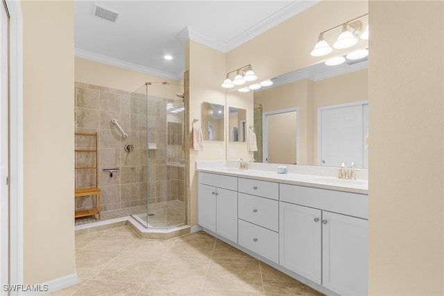 10498 Casella Way Unit 202, Fort Myers, FL 33913 - bathroom with double vanity, a stall shower, tile patterned flooring, and crown molding