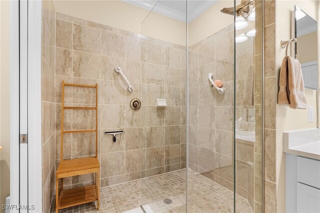 10498 Casella Way Unit 202, Fort Myers, FL 33913 - bathroom featuring crown molding, a tile shower, and vanity