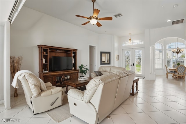 5408 SW 26th Ct, Cape Coral, FL 33914 - living area featuring french doors, light tile patterned floors, and a ceiling fan