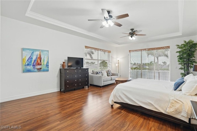 5408 SW 26th Ct, Cape Coral, FL 33914 - bedroom with a tray ceiling, access to exterior, wood finished floors, ceiling fan, and ornamental molding