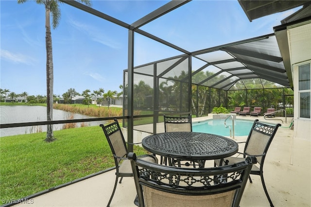 5408 SW 26th Ct, Cape Coral, FL 33914 - outdoor pool with a water view, a patio, a lawn, and a lanai
