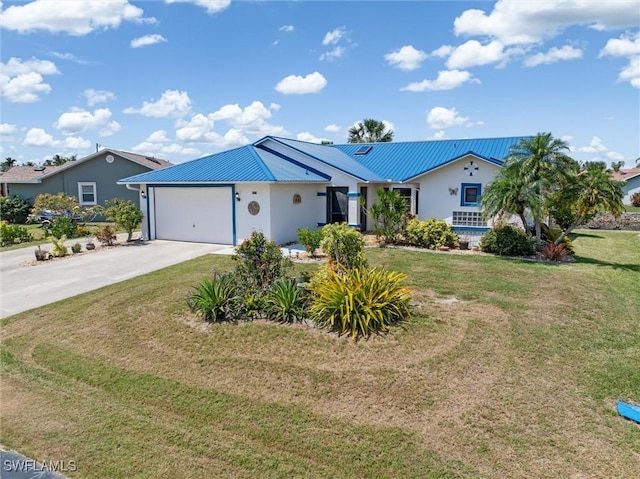 3825 Barnegat Dr, Punta Gorda, FL 33950 - ranch-style house with driveway, a garage, metal roof, a front lawn, and stucco siding
