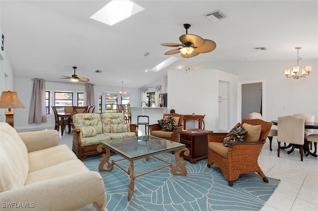 3825 Barnegat Dr, Punta Gorda, FL 33950 - living area with a skylight, a chandelier, ceiling fan, light tile patterned flooring, and lofted ceiling