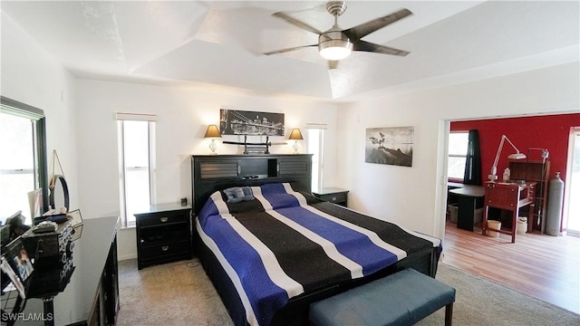 2780 39th St SW, Naples, FL 34117 - bedroom featuring a tray ceiling, carpet flooring, multiple windows, and a ceiling fan