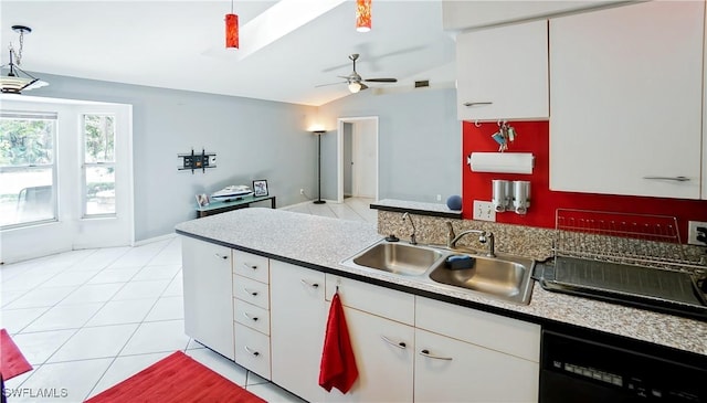 2780 39th St SW, Naples, FL 34117 - kitchen featuring dishwasher, white cabinetry, a ceiling fan, lofted ceiling, and a peninsula