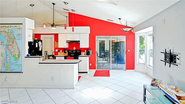 2780 39th St SW, Naples, FL 34117 - kitchen with black appliances, vaulted ceiling, white cabinets, a ceiling fan, and a peninsula