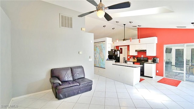 2780 39th St SW, Naples, FL 34117 - kitchen featuring black appliances, open floor plan, a ceiling fan, white cabinets, and high vaulted ceiling