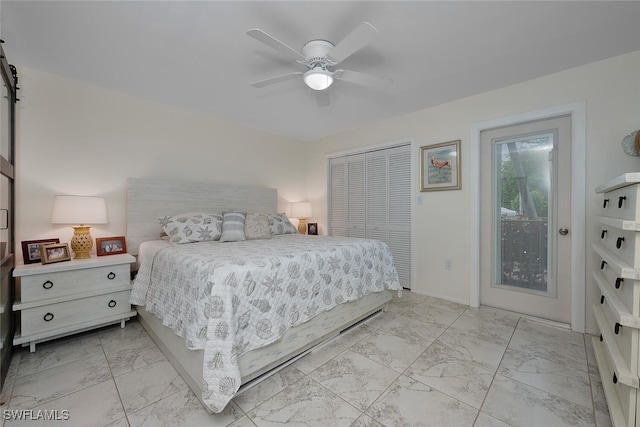 7400 College Pkwy Unit 61B, Fort Myers, FL 33907 - bedroom with light marble finish floors, a closet, a ceiling fan, access to outside, and baseboards