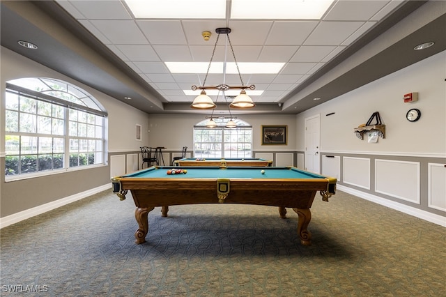 13644 Gulfbreeze St, Fort Myers, FL 33907 - playroom featuring carpet, a raised ceiling, pool table, and a wainscoted wall