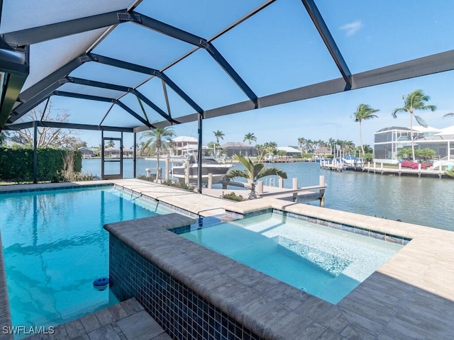 242 Angler Ct, Marco Island, FL 34145 - view of swimming pool with a boat dock, a water view, boat lift, and a lanai