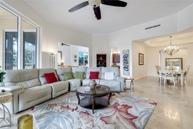 1050 Borghese Ln Unit 106, Naples, FL 34114 - living room with a ceiling fan, a chandelier, and ornamental molding