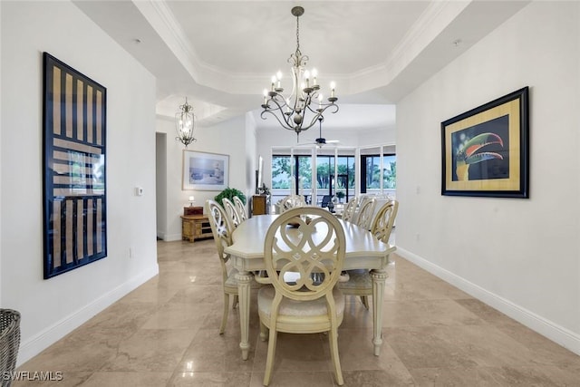 1050 Borghese Ln Unit 106, Naples, FL 34114 - dining room featuring a chandelier, baseboards, crown molding, and a raised ceiling