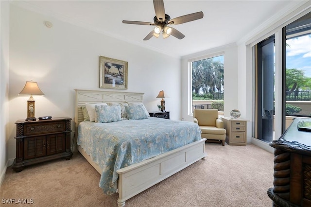 1050 Borghese Ln Unit 106, Naples, FL 34114 - bedroom featuring light carpet, access to exterior, ceiling fan, and crown molding