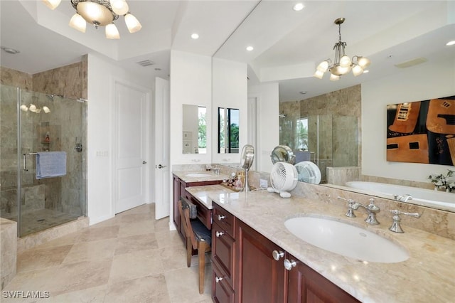 1050 Borghese Ln Unit 106, Naples, FL 34114 - bathroom with a chandelier, a stall shower, double vanity, a bath, and recessed lighting