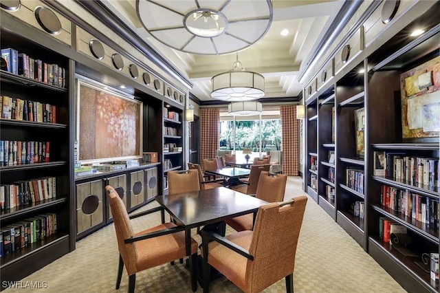 1050 Borghese Ln Unit 106, Naples, FL 34114 - office area featuring carpet, coffered ceiling, and crown molding