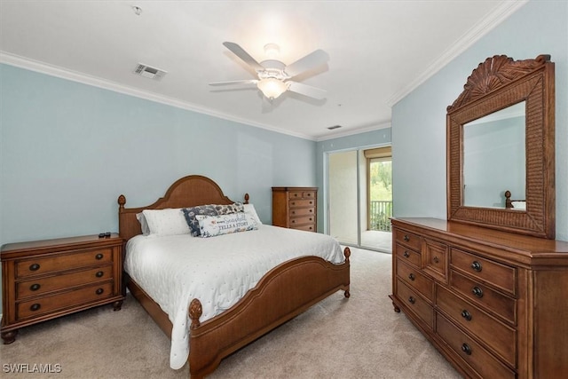 8375 Whisper Trace Ln Unit M203, Naples, FL 34114 - bedroom with light carpet, access to exterior, crown molding, and a ceiling fan