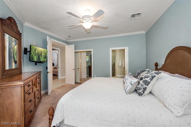 8375 Whisper Trace Ln Unit M203, Naples, FL 34114 - bedroom with light colored carpet, crown molding, a ceiling fan, a closet, and ensuite bath