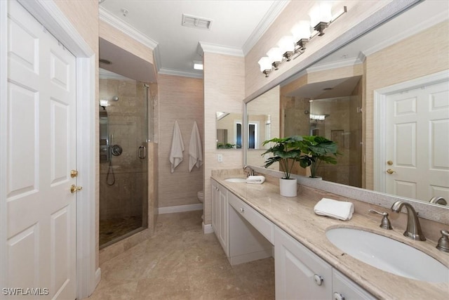 8375 Whisper Trace Ln Unit M203, Naples, FL 34114 - full bath featuring ornamental molding, double vanity, a stall shower, and toilet
