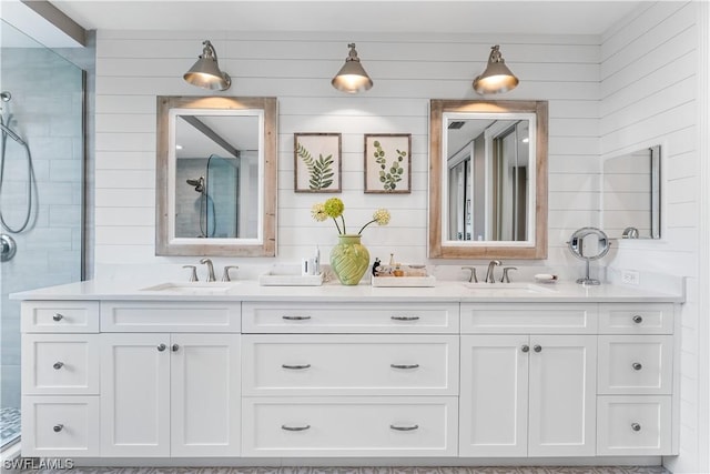 11640 Court Of Palms Unit 304, Fort Myers, FL 33908 - bathroom with double vanity, tiled shower, and wood walls