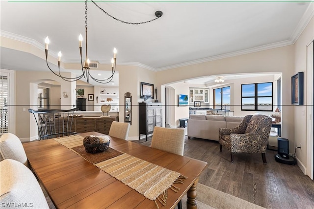11640 Court Of Palms Unit 304, Fort Myers, FL 33908 - dining space with arched walkways, ornamental molding, hardwood / wood-style floors, a ceiling fan, and a chandelier