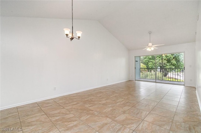 5737 Whitaker Rd Unit C203, Naples, FL 34112 - empty room featuring a chandelier, ceiling fan, baseboards, and high vaulted ceiling