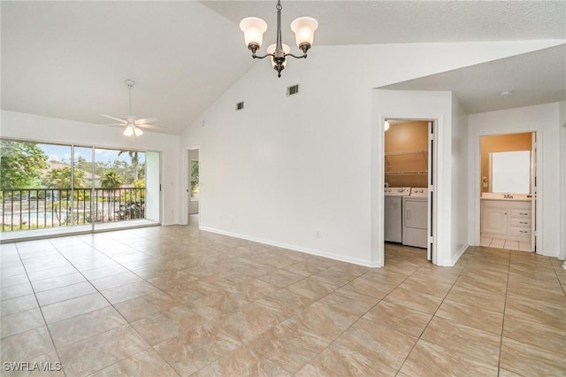 5737 Whitaker Rd Unit C203, Naples, FL 34112 - spare room featuring washer and clothes dryer, a ceiling fan, high vaulted ceiling, a chandelier, and light tile patterned floors