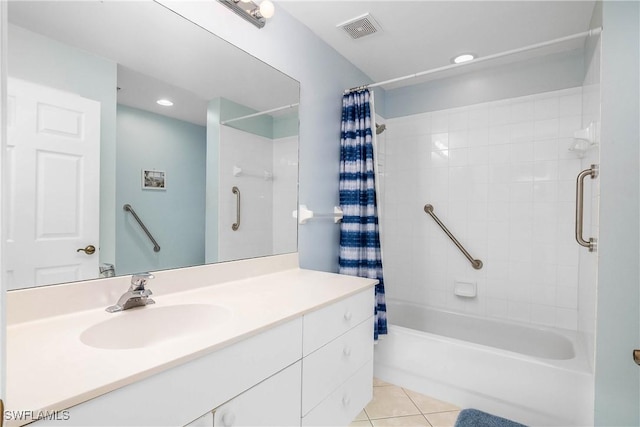 6810 Beach Resort Dr Unit 13, Naples, FL 34114 - bathroom featuring tile patterned floors, shower / tub combo, vanity, and recessed lighting