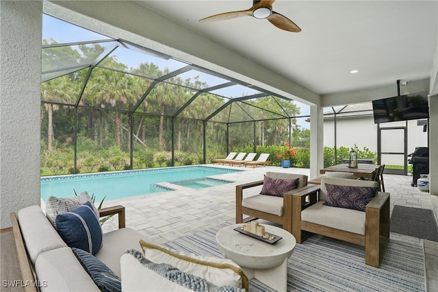 10415 Ventana Ln, Naples, FL 34120 - view of swimming pool featuring outdoor lounge area, a ceiling fan, a patio, and area for grilling