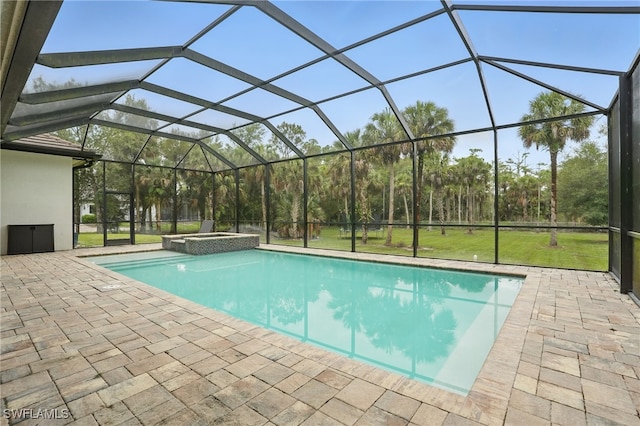505 7th St NW, Naples, FL 34120 - view of swimming pool with a patio, a pool with connected hot tub, a yard, and glass enclosure