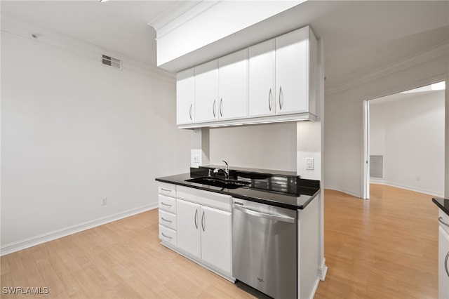 1880 Les Chateaux Blvd Unit 104, Naples, FL 34109 - kitchen with stainless steel dishwasher, dark countertops, ornamental molding, light wood-style flooring, and white cabinetry