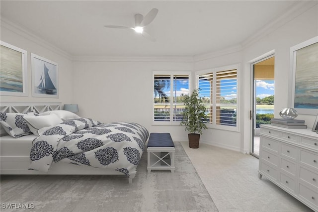 1880 Les Chateaux Blvd Unit 104, Naples, FL 34109 - bedroom with ornamental molding, access to outside, a ceiling fan, and light carpet