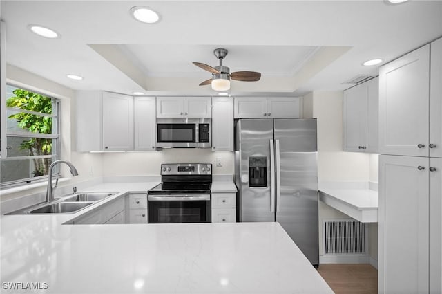 1549 Sandpiper St Unit 59, Naples, FL 34102 - kitchen with appliances with stainless steel finishes, a sink, a tray ceiling, recessed lighting, and light countertops