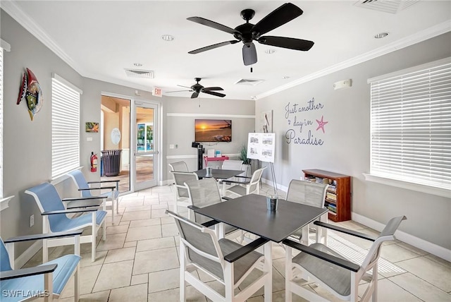 18273 Creekside Preserve Loop Unit 101, Fort Myers, FL 33908 - dining space with ceiling fan, ornamental molding, and light tile patterned floors