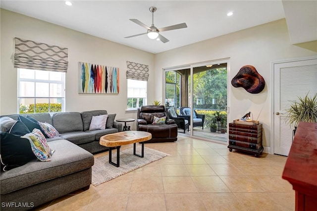 18273 Creekside Preserve Loop Unit 101, Fort Myers, FL 33908 - living area with light tile patterned floors, a ceiling fan, and recessed lighting