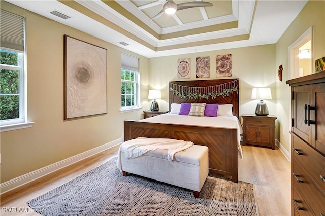 18273 Creekside Preserve Loop Unit 101, Fort Myers, FL 33908 - bedroom with light wood-style flooring, crown molding, coffered ceiling, and a ceiling fan
