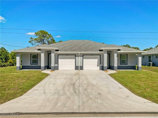 1404 W 12th St, Lehigh Acres, FL 33972 - prairie-style house with an attached garage, stucco siding, concrete driveway, and a front lawn