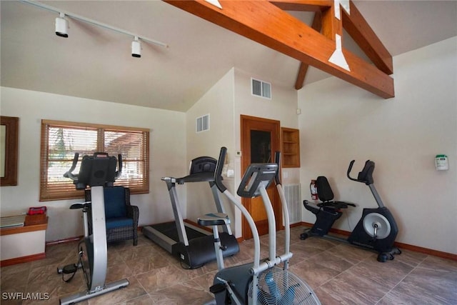 13460 Wild Cotton Ct, North Fort Myers, FL 33903 - exercise area with rail lighting, baseboards, and high vaulted ceiling