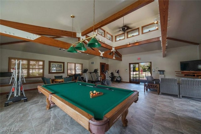 13460 Wild Cotton Ct, North Fort Myers, FL 33903 - recreation room featuring pool table, high vaulted ceiling, beamed ceiling, healthy amount of natural light, and a ceiling fan