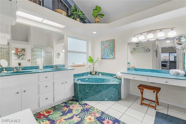 13460 Wild Cotton Ct, North Fort Myers, FL 33903 - bathroom with a bath, tile patterned flooring, double vanity, and a shower with shower door