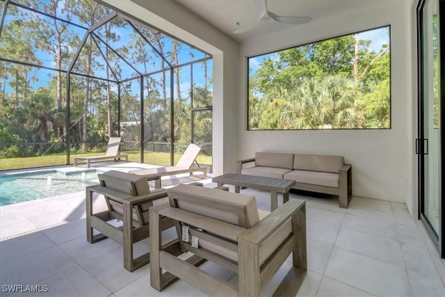 4472 Pine Ridge Rd, Naples, FL 34119 - view of patio / terrace with an outdoor hangout area, a ceiling fan, an outdoor pool, and a lanai