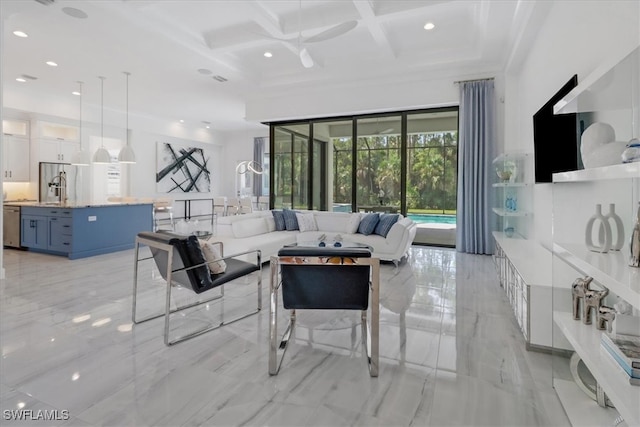 4472 Pine Ridge Rd, Naples, FL 34119 - living room featuring coffered ceiling, light marble finish floors, beamed ceiling, a high ceiling, and recessed lighting