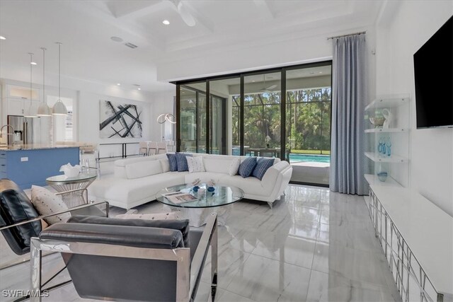 4472 Pine Ridge Rd, Naples, FL 34119 - living room with coffered ceiling, light marble finish floors, recessed lighting, beam ceiling, and a ceiling fan