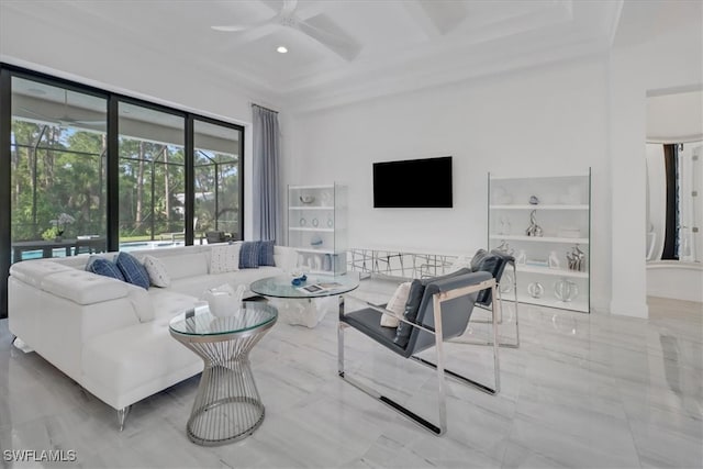 4472 Pine Ridge Rd, Naples, FL 34119 - living area featuring coffered ceiling, a ceiling fan, beam ceiling, and recessed lighting